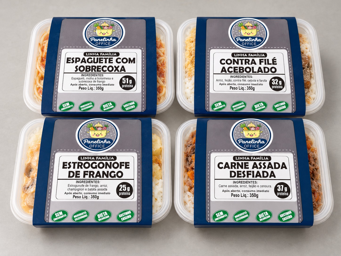 Quatro refeições da linha Family: espaguete com sobrecoxa, contrafilé acebolado, estrogonofe de frango e carne assada desfiada